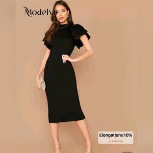 Black Midi Dress with Ruffle Sleeves